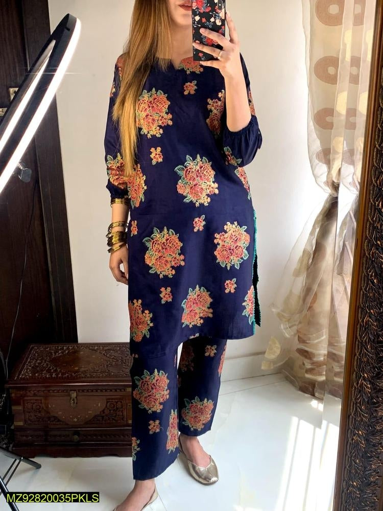 2 Pcs Women's Stitched Arabic Lawn Printed Shirt And Trouser