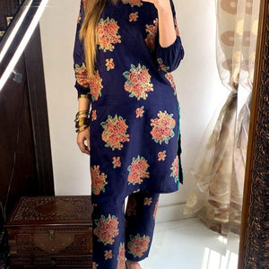 2 Pcs Women's Stitched Arabic Lawn Printed Shirt And Trouser