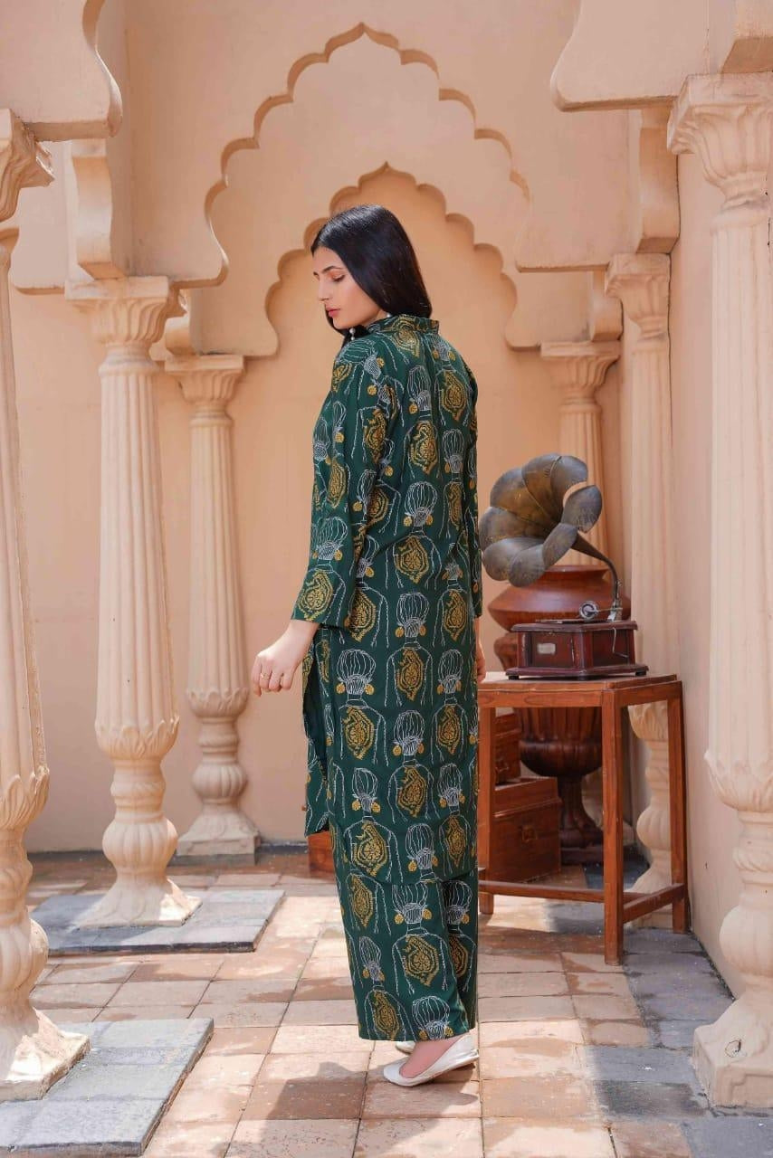 2 Pcs Women's Stitched Linen Printed Long Shirt And Trouser