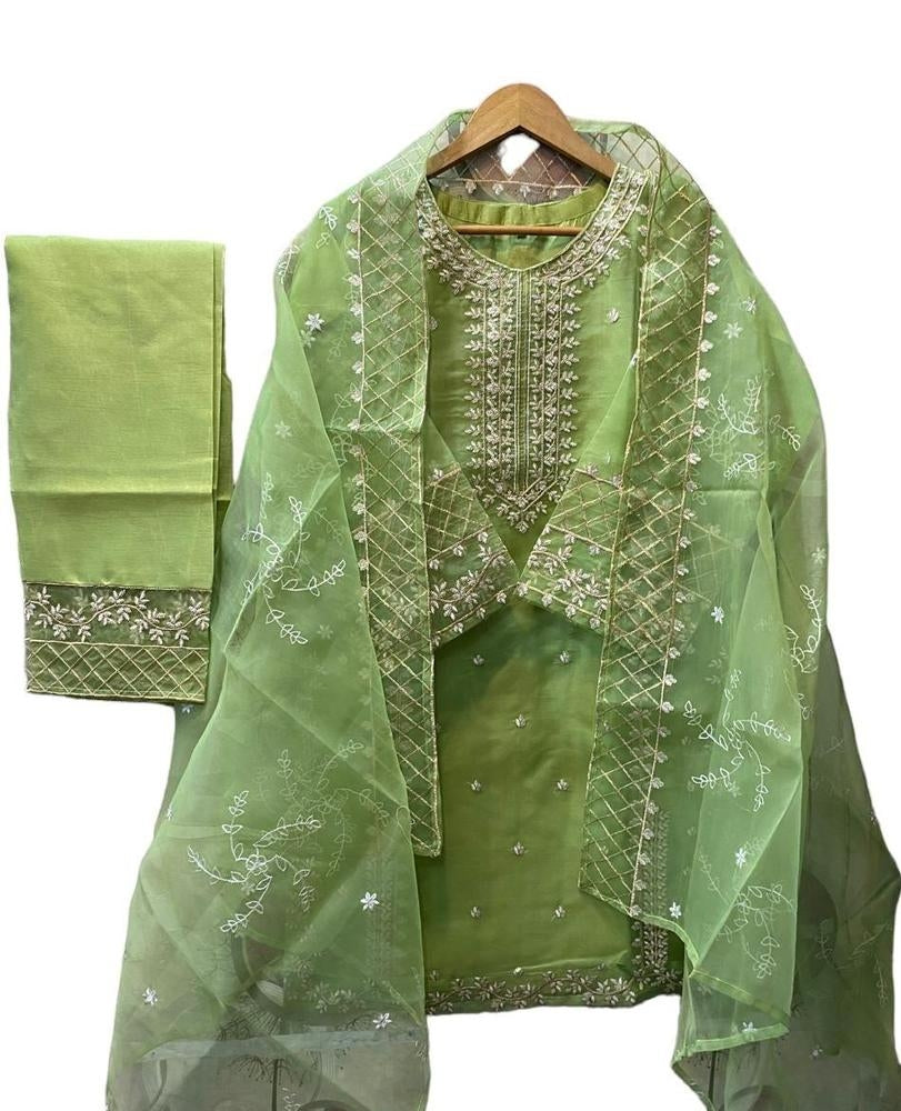 3 Pcs Women's Stitched Organza Embroidered Suit